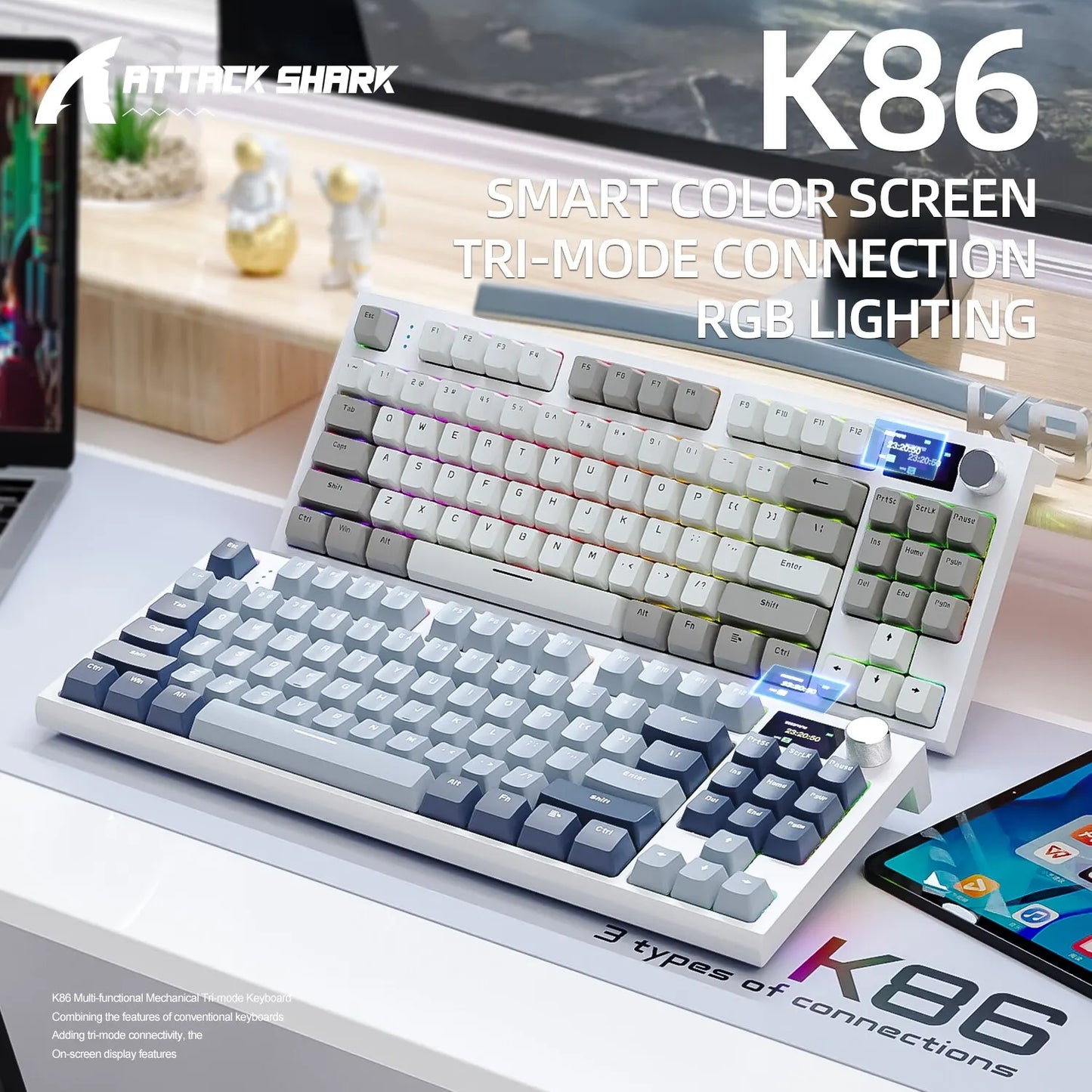 Teclado mecánico inalámbrico intercambiable en caliente K86 con Bluetooth/2,4 g, pantalla y botón giratorio de volumen para juegos y trabajo