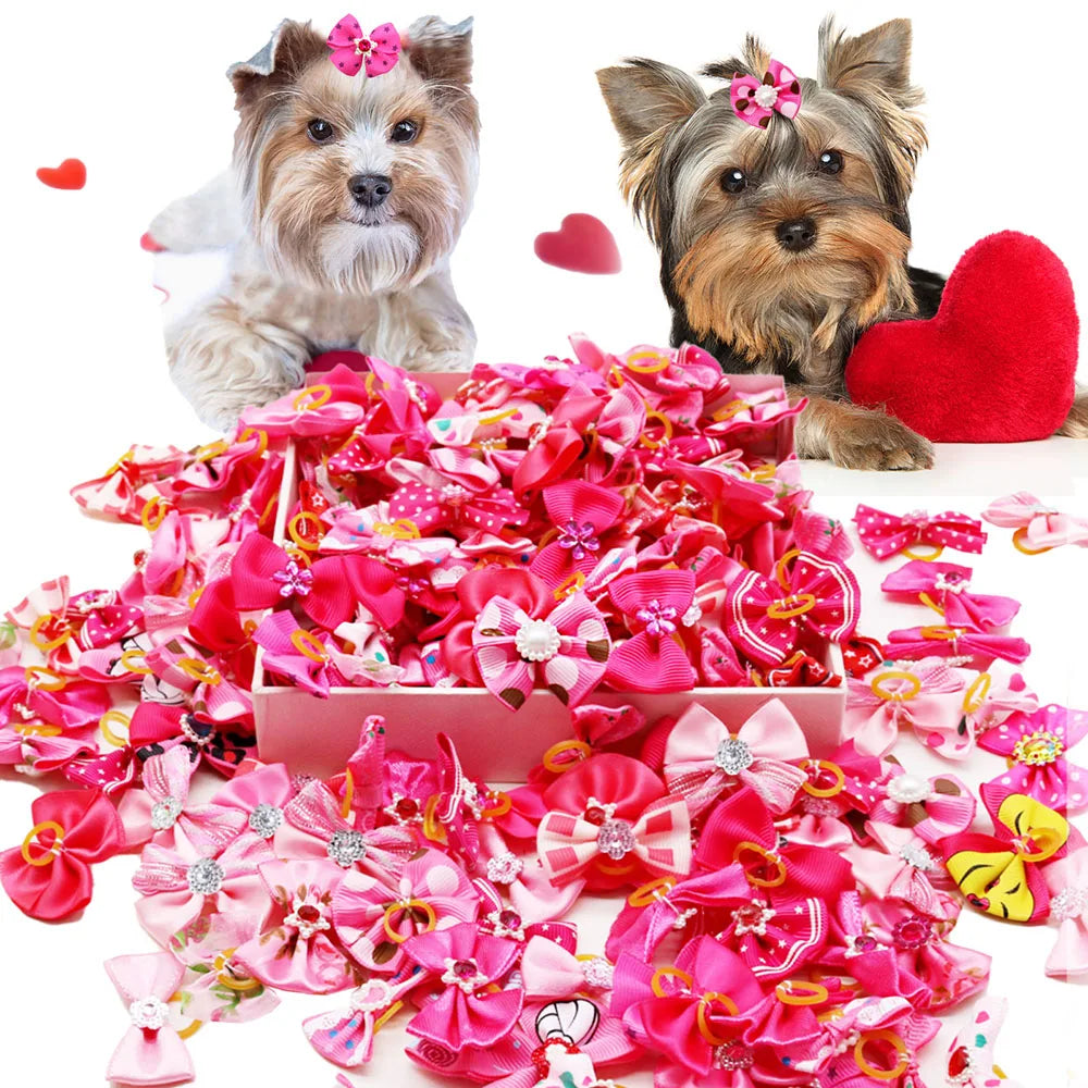 10/20PCS Diamond Puppy Bows Multi Style Dog Bows With Rubber Bands Pet Hair Accessories For Dogs Handmade Dog Hair Bows Supplies
