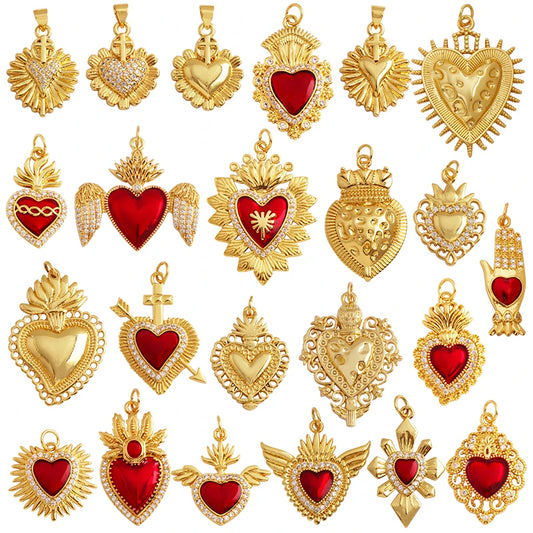 New Sacred Red Heart Charm Pendant 18K Gold Plated Zircon