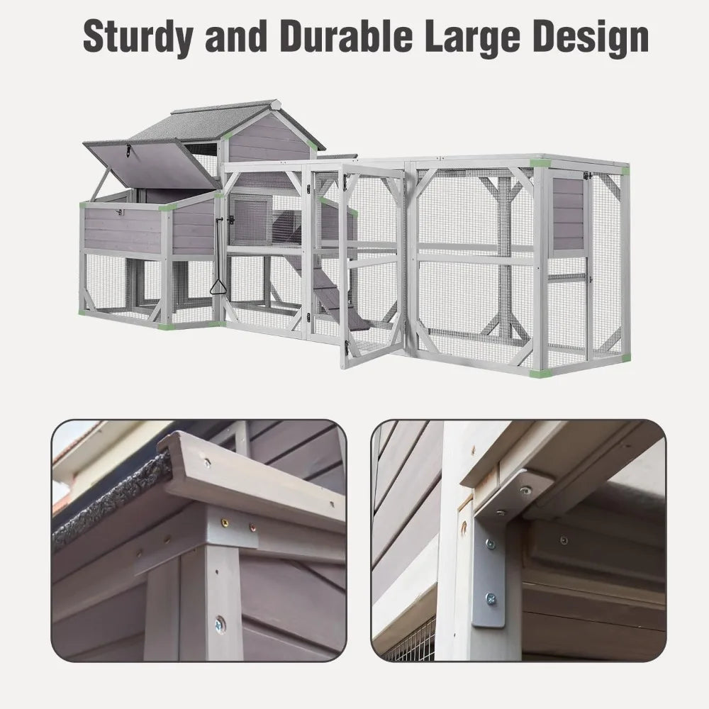 Large Chicken Coop with Run - Wooden Hen House with 6 Nesting Boxes and Removable Tray, 41.3ft² Poultry Pet Hutch Run Cage with