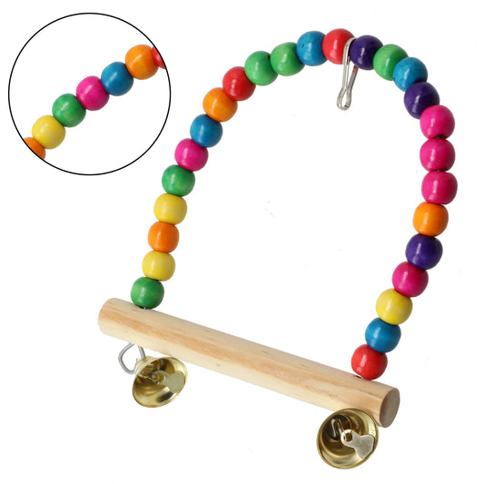 Natural Wooden Parrots Swing Tool Birds Perch Hanging Swings Cage With Colorful Beads Bells Hanging Cage Swings Bird Accessories