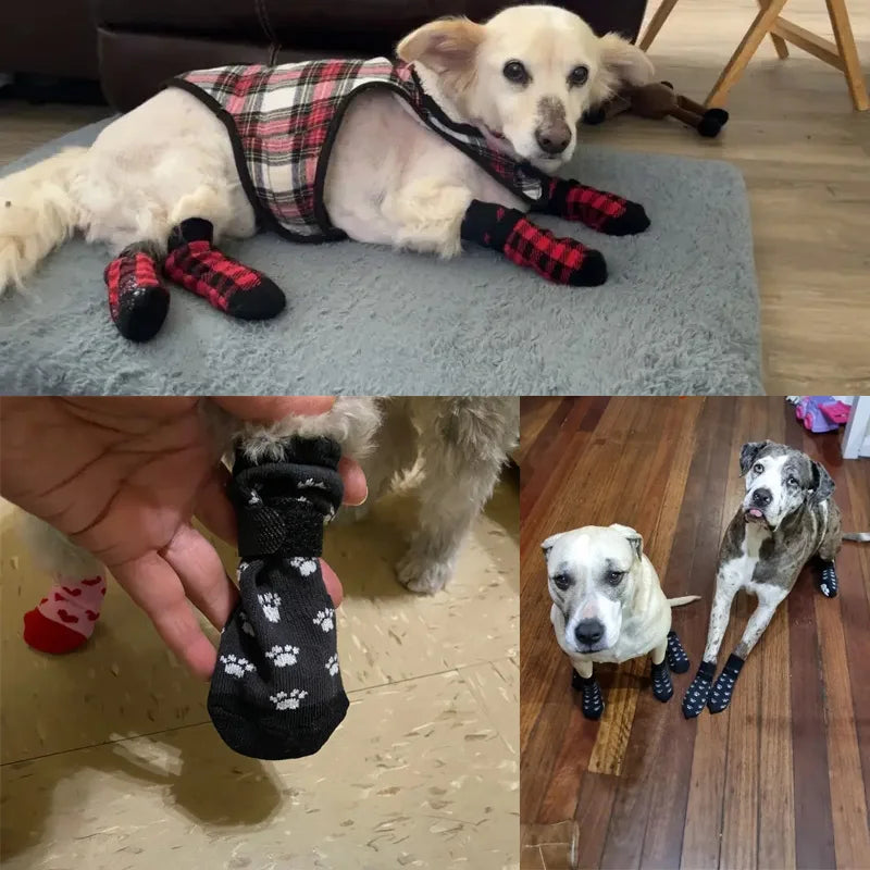 4Pcs/set Anti-Slip Dog Socks 4pcs Paw Protector Traction Control Adjustable Indoor Wear Knitted with Rubber Reinforcement