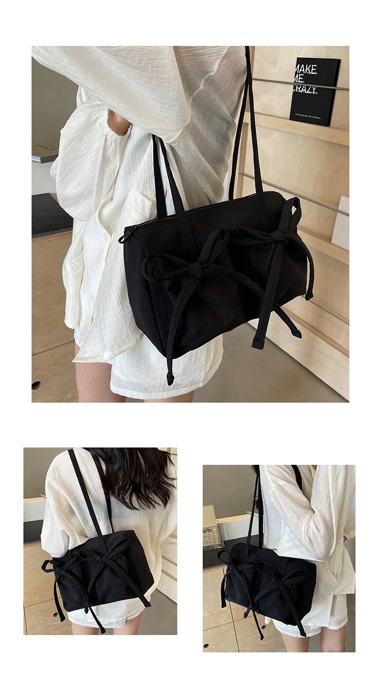 2024 New Korean Bow Nylon Shoulder Bag Fashionable and Sweet Design Tote Bag Folded Large Capacity Commuter Women's Handbag