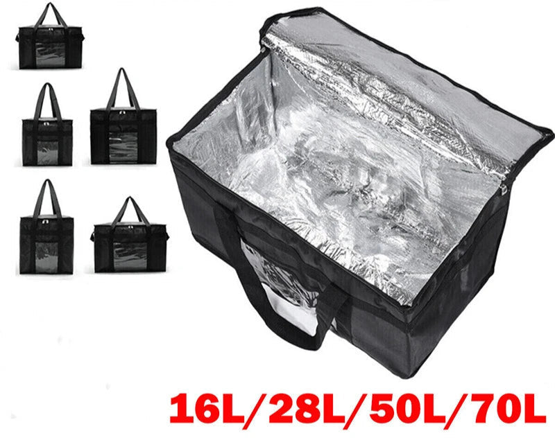 Black insulated food bag with various food items and product sizes displayed.