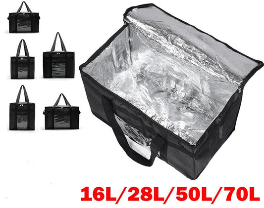 Black insulated food bag with various food items and product sizes displayed.