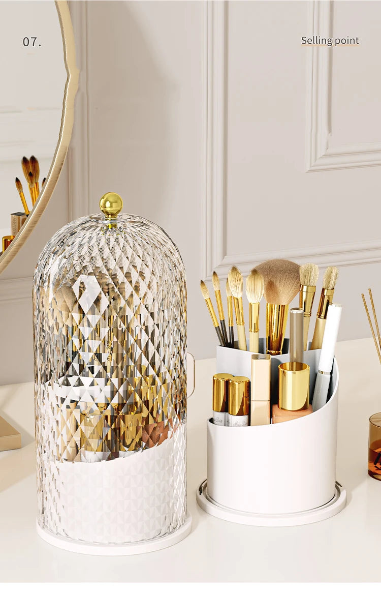 Makeup Brush Holder with Lid Diamond Birdcage 360 Rotating Organizer