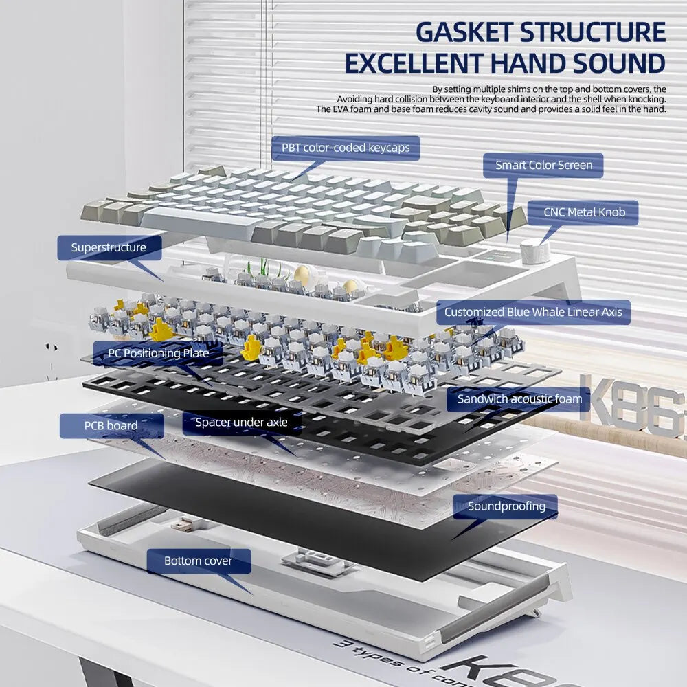 Teclado mecánico inalámbrico intercambiable en caliente K86 con Bluetooth/2,4 g, pantalla y botón giratorio de volumen para juegos y trabajo