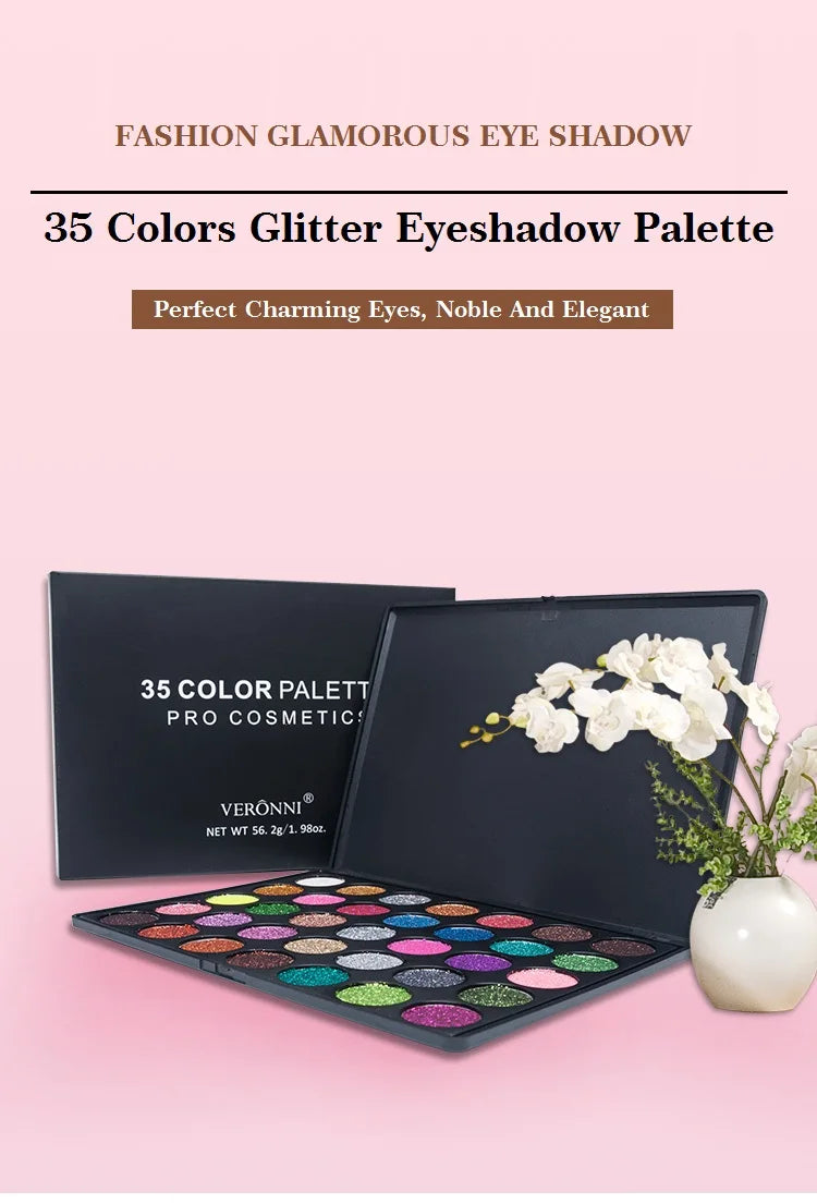 35 Color Diamond Sequin Eyeshadow Palette High Pigment Shimmer Glitter and Satin Long Lasting Waterproof Makeup