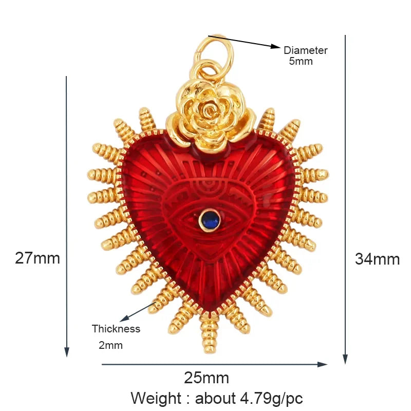 New Sacred Red Heart Charm Pendant 18K Gold Plated Zircon