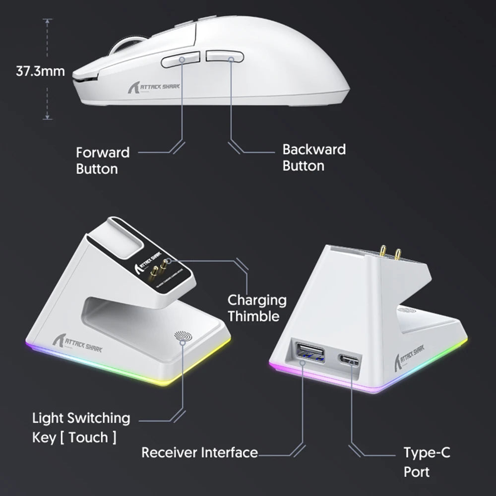 Ratón inalámbrico liviano para juegos X6 con 3 modos de cableado, 2,4 G, BT5.2, hasta 26 000 DPI, retroiluminación RGB, base de carga para computadora portátil y de escritorio