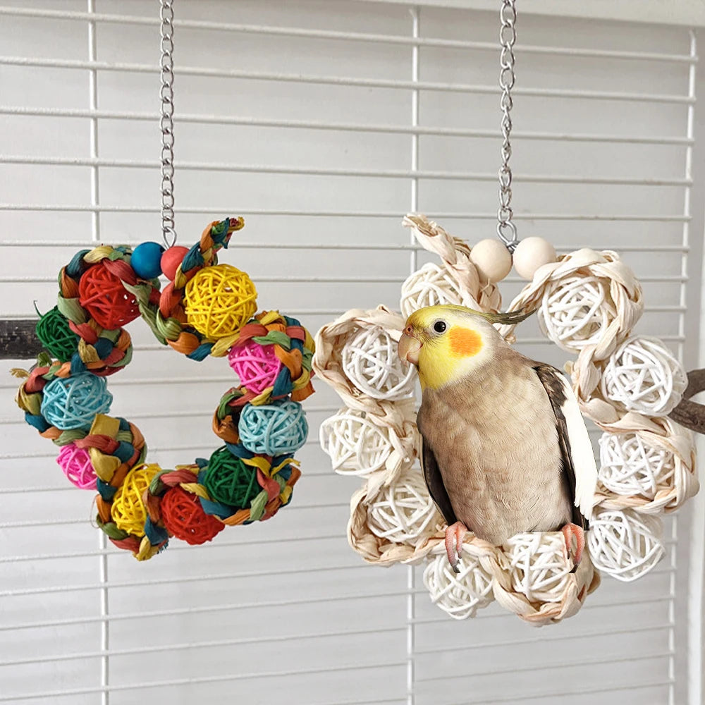 1pc Rattan Ball Round-shaped Bird Swing Toy Grab Bite Toy Stand Grinding Teeth Hanging Chew Toys for Pet Bird Parrot Cage Decor