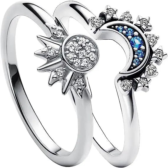 2pc Set Summer Couple Ring Set Sky Blue Moon Sun Jewelry