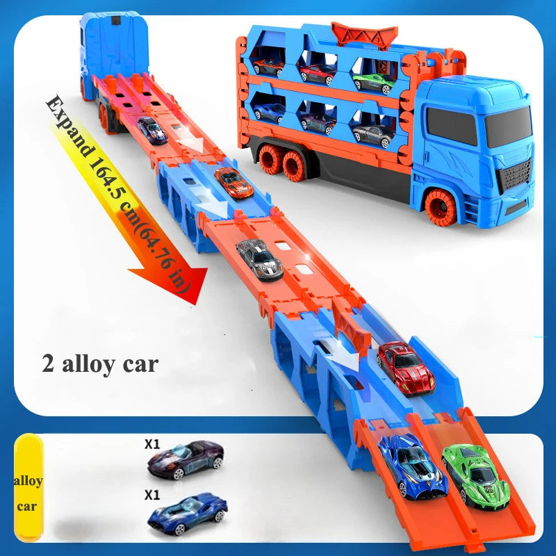 Large Car Transporter Truck with Folding Track and Racing Vehicles for Kids - Competitive Games and Storage Alloy Car Toy - Perfect Gift for Boys