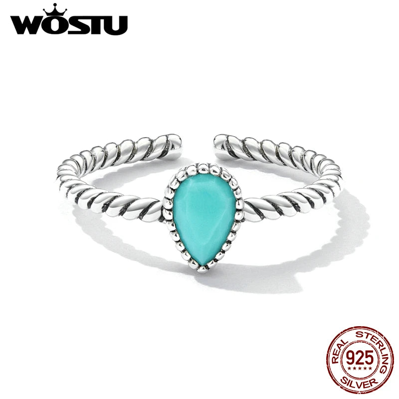 WOSTU 925 Sterling Silver Waterdrop Turquoise Open Size Ring for Women 100% Silver Twisted Ring Fine Jewelry Party Gift For Girl