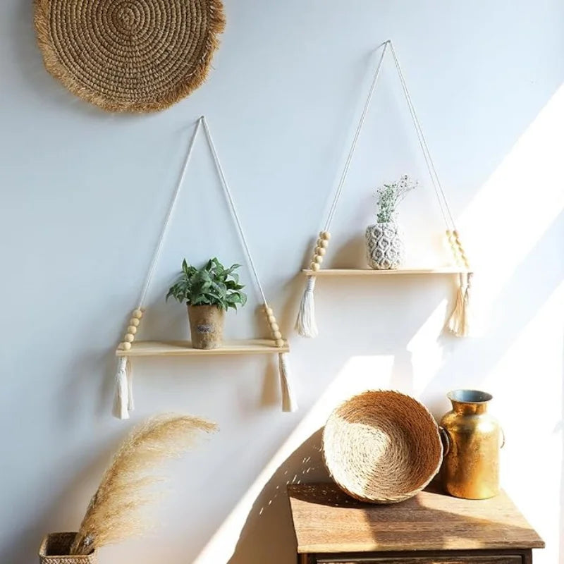 Wooden Wall Shelves Boho Floating Macrame Hangers Rustic Decor