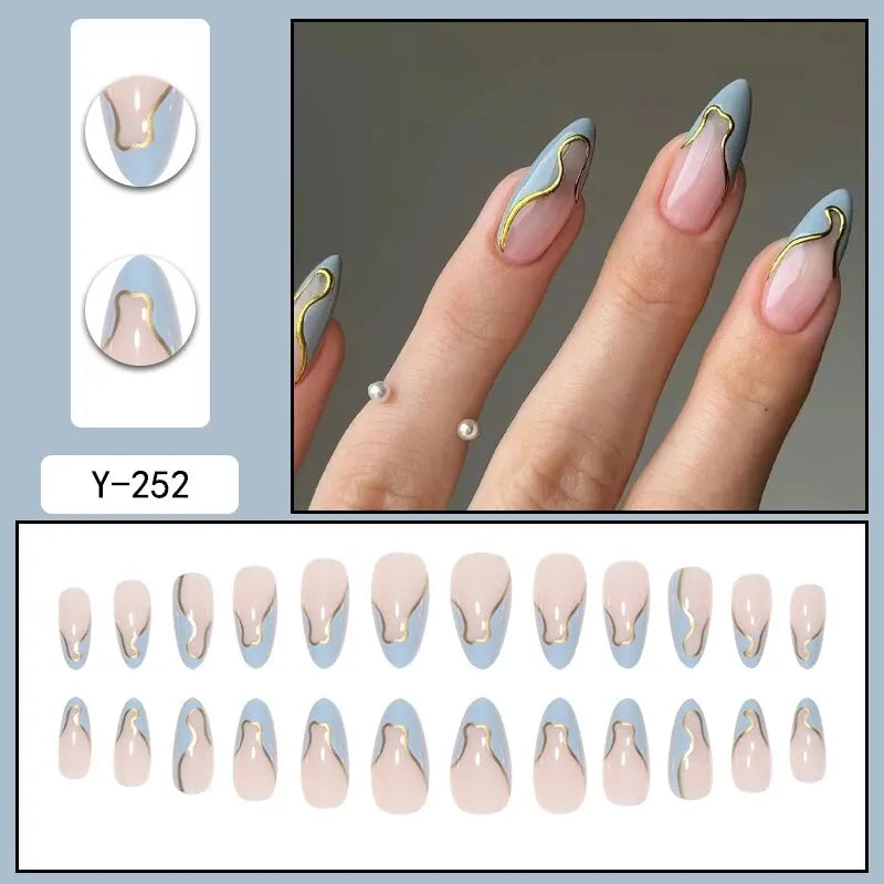 24 Pieces Long Almond Irregular French style Pattern ABS Full Cover Glossy False Nails