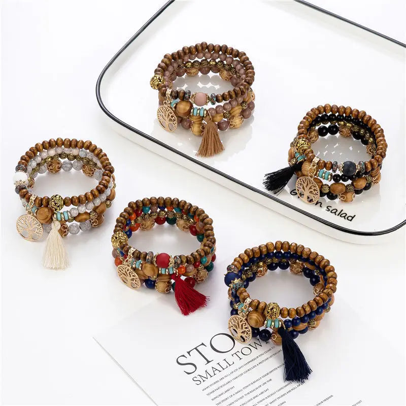 Bohemian Bracelet Creative Ladies Tree of Life Tassel Multi-layer Wooden Beaded Ethnic Style Fashion Women Bracelets Jewelry