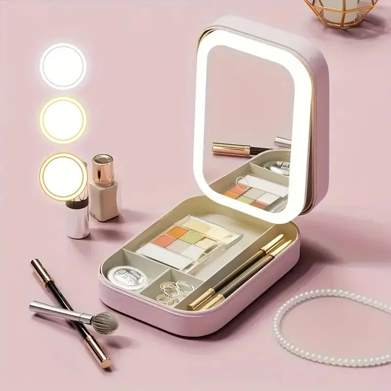 LED Mirror Makeup Storage Box Portable Travel Cosmetic Case Large Capacity with Built-In Light for Easy Application