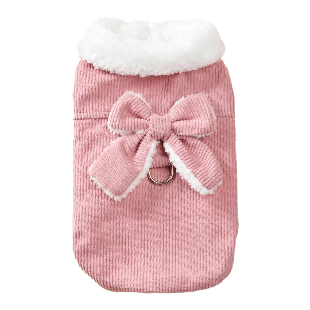 Warm Winter Dog Jacket With D-ring Cute Corduroy Pet Bow Coat for Small Medium Dogs Cats Puppy Kitty Sphynx Yorkshire Clothes