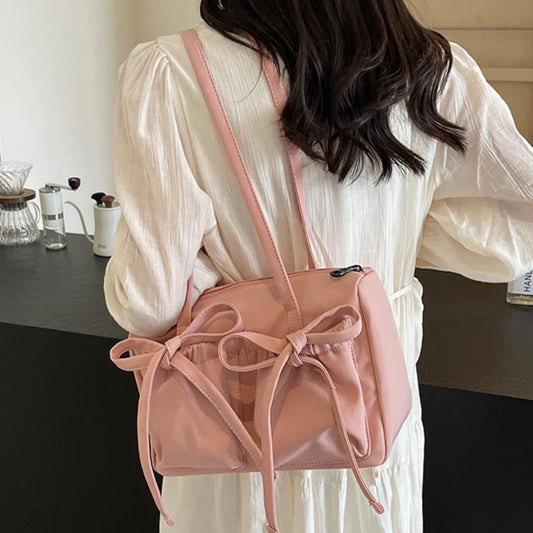 2024 New Korean Bow Nylon Shoulder Bag Fashionable and Sweet Design Tote Bag Folded Large Capacity Commuter Women's Handbag