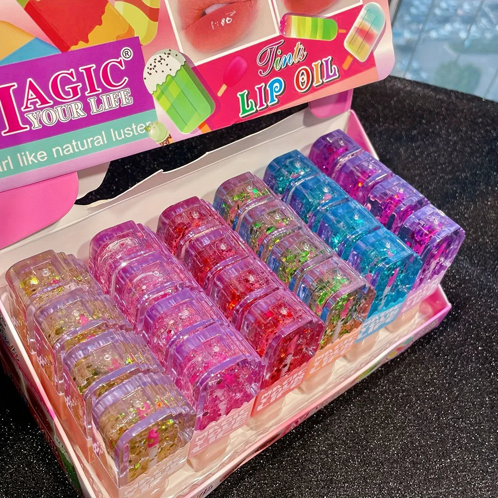 24 Piece Kawaii Cat Sequin Lip Oil Set Color Changing Love Shape Lip Gloss Natural Moisturizing Makeup Gift for Girls