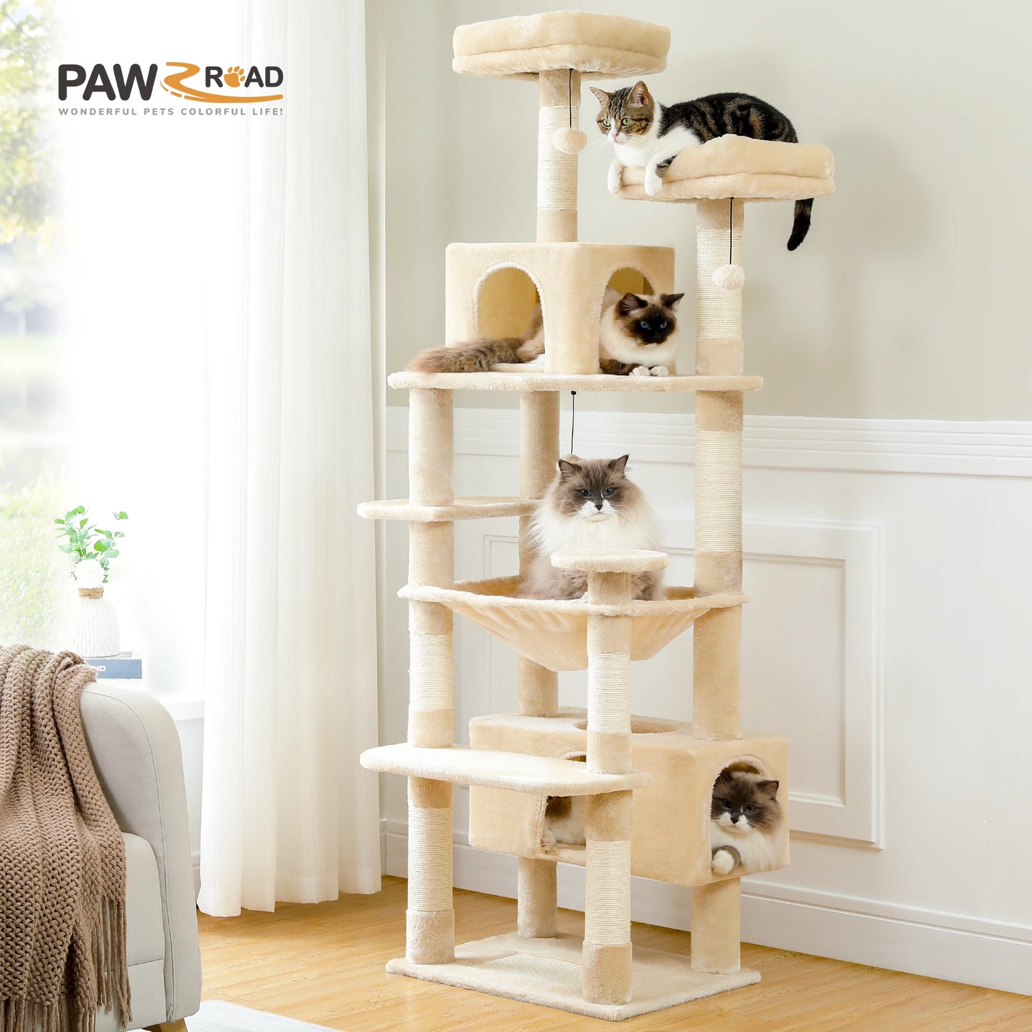 184cm Large Cat Tree and Tower for Indoor Cats With Scratching Posts and Spacious Hammocks