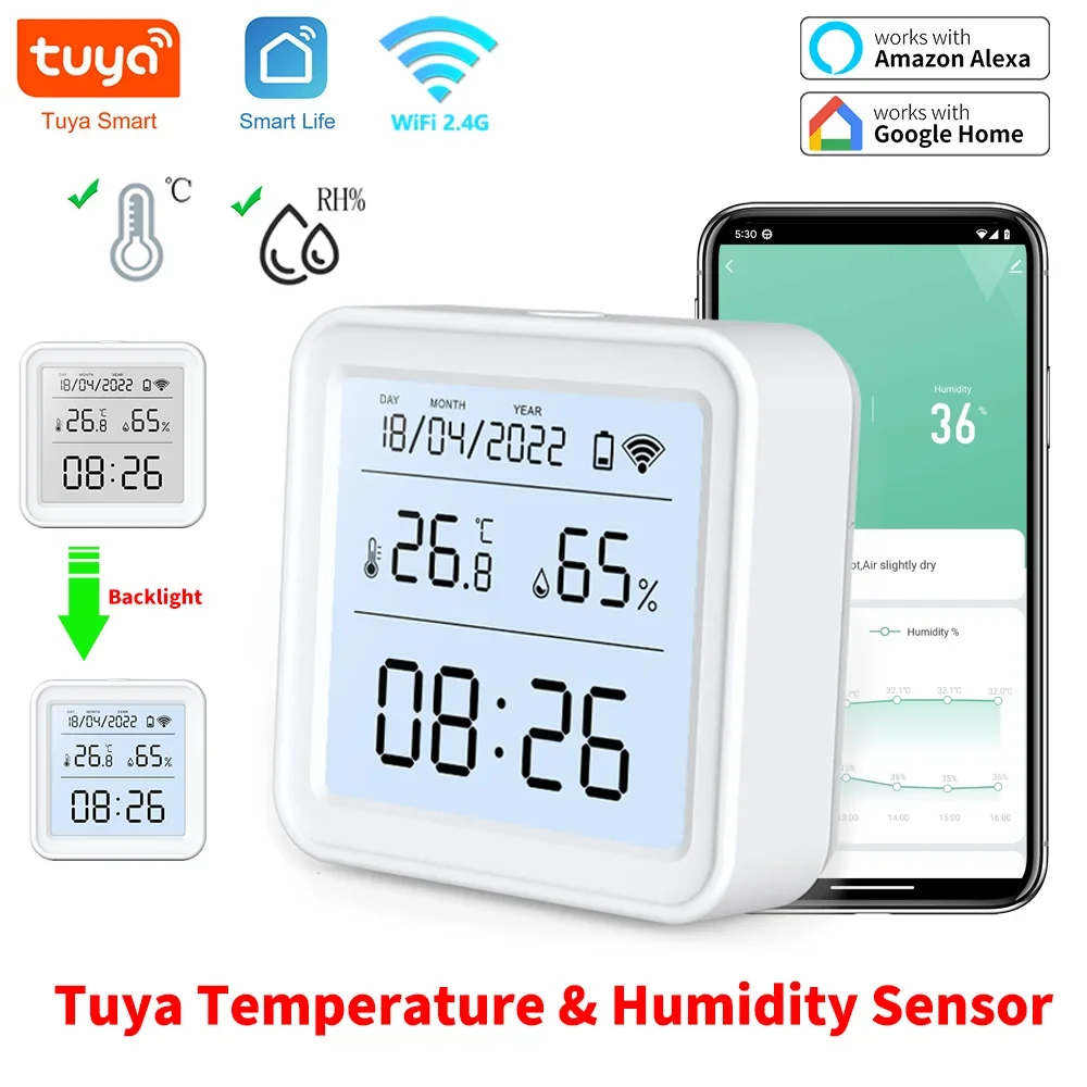 Tuya Nuevo Sensor de Temperatura y Humedad WiFi Smart Life Retroiluminación Higrómetro Termómetro Sensor Compatible con Alexa Google Home Assistant