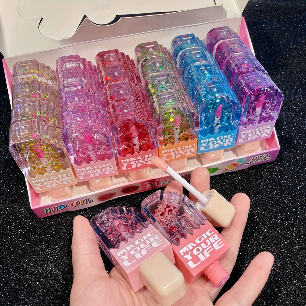 24 Piece Kawaii Cat Sequin Lip Oil Set Color Changing Love Shape Lip Gloss Natural Moisturizing Makeup Gift for Girls