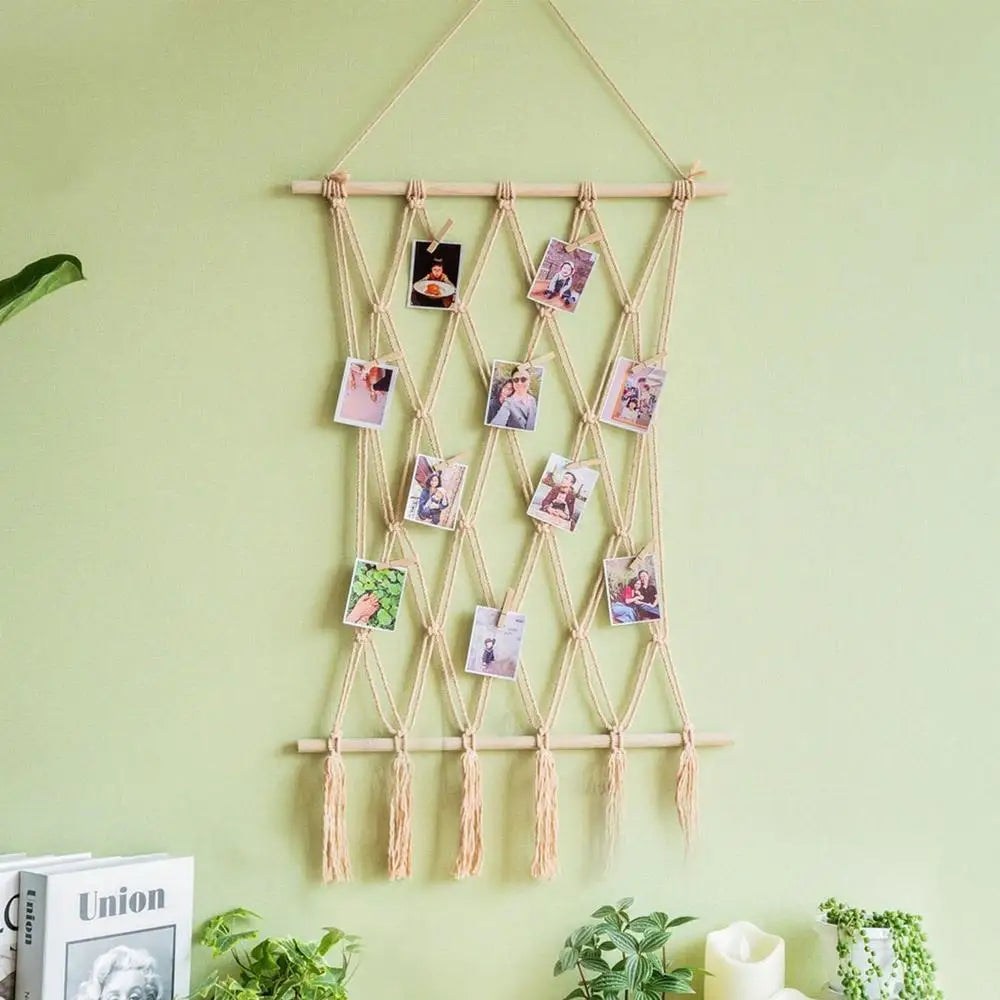 Hanging Photo Display Macrame Wall Art with 10 Clips Boho Decor