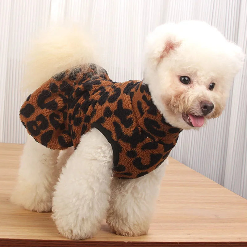 Leopard Dog Dress Coat Winter Fleece Pullover Sweatshirt Pet Clothes Sleeveless Vest Hoodies Puppy Skirt For Small Dogs Chiwawa