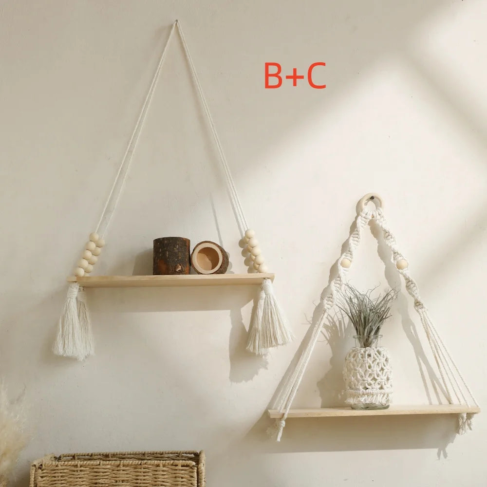 Wooden Wall Shelves Boho Floating Macrame Hangers Rustic Decor