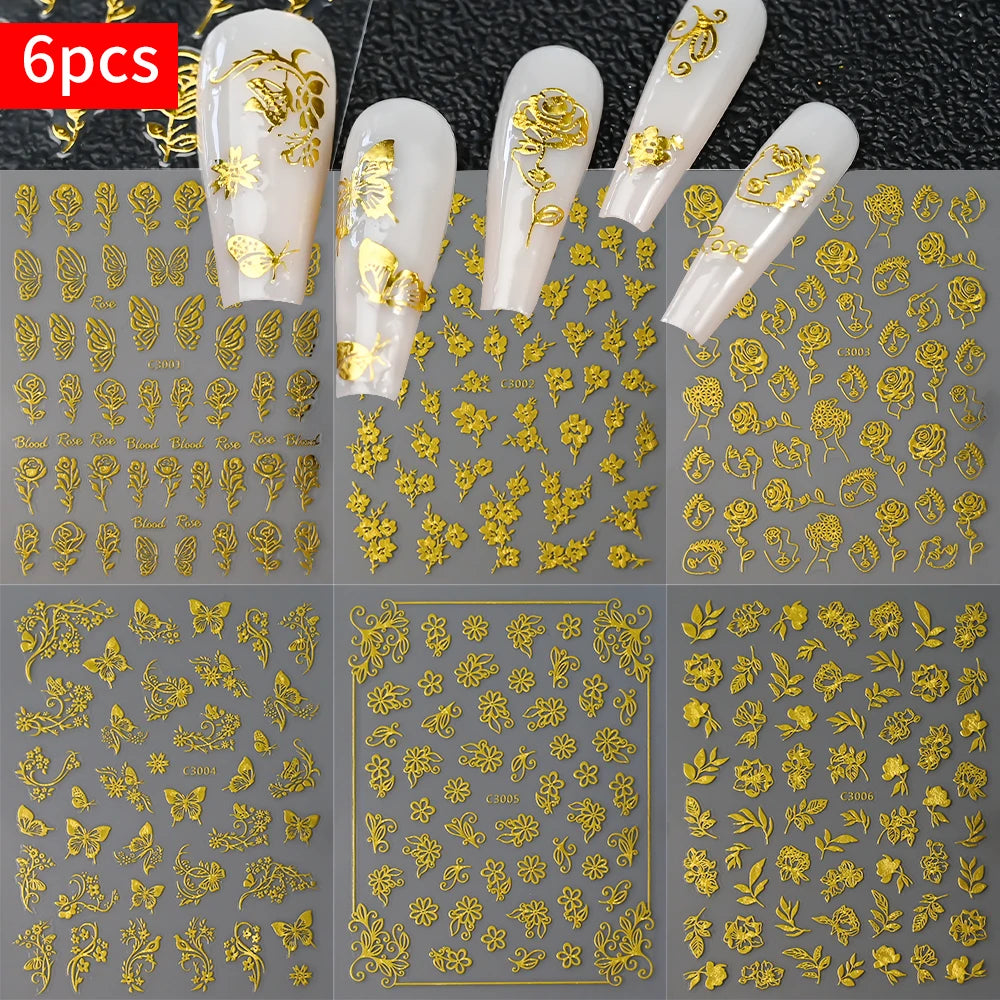 6Pcs/Set Metal Silver Star Heart Moon 3D Nail Art Stickers