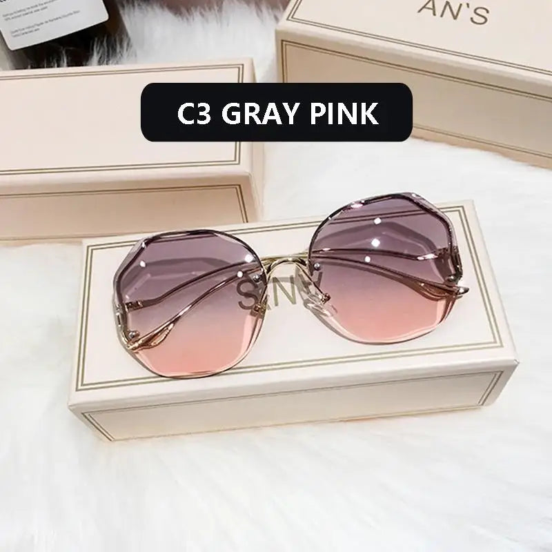 Fashion Tea Gradient Sunglasses Women Ocean Water Cut Trimmed Lens Metal Curved Temples Sun Glasses Female UV400