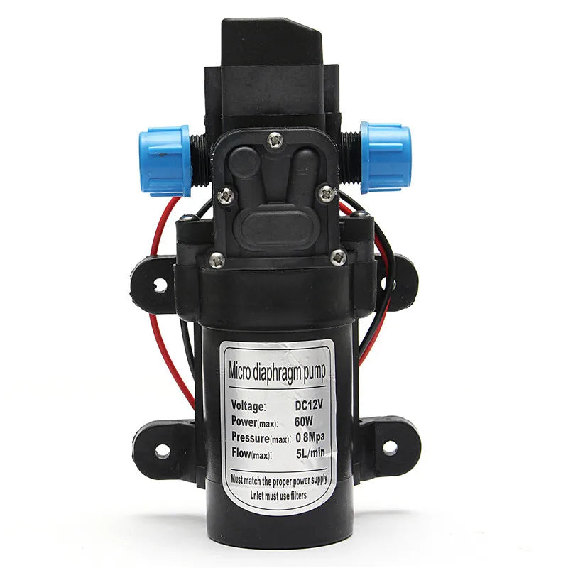 Bomba de agua eléctrica agrícola de 12 V CC, 60 W, 120 PSI, 5 L/MIN, micropulverizador de agua de diafragma de alta presión negro, adaptador de 12 V para lavado de automóviles