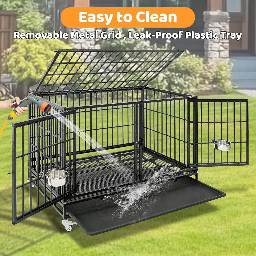 Three Tiers 43 inch Heavy Duty Dog Crate with Wheels, Stackable Indestructible Steel Dog Cage Kennel Indoor with Divider, Trays