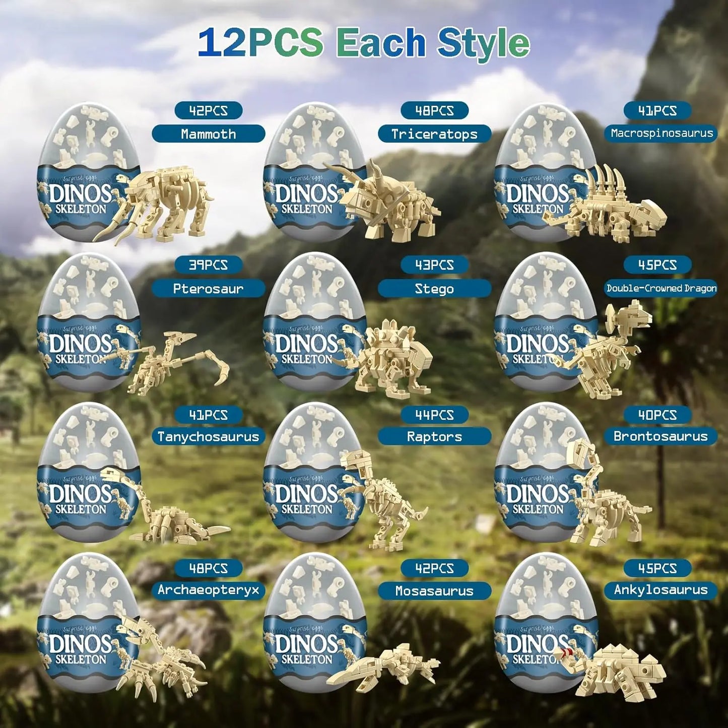 12 in 1 Dinosaur Skeleton Building Set for Kids - Mini Dinosaur Building Blocks Perfect for Easter Basket Stuffers and Birthday Gifts