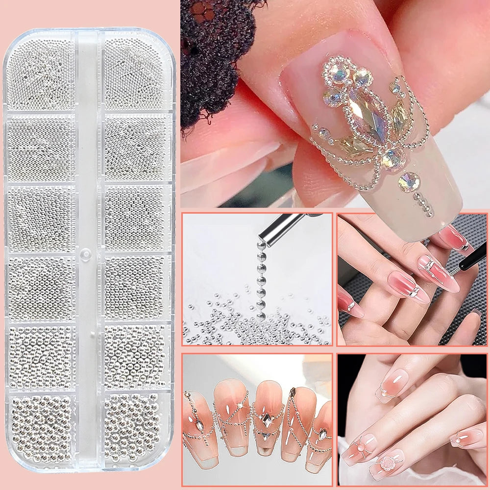 12 Grids Mini Caviar Beads Nail Art Charms 3D Metal Gold Silver Steel Ball (0.4mm-1.5mm) Nail Parts With Magnetic Pen Nail Decor