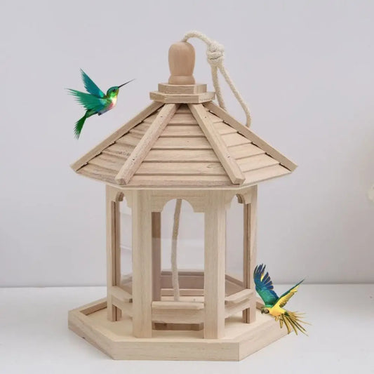 Durable House Shape Bird Feeder House Hanging Wooden Pet Feeder Box Bird Food Dispenser Balcony