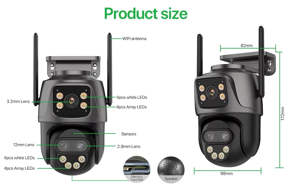 6K 9MP HD Outdoor IP Camera with Three Lenses Dual Screen WiFi PTZ Auto Tracking Security Surveillance System