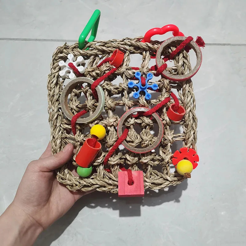 Parrot Bird Toys Foraging Wall Edible Seagrass Woven Climbing net Mat with Colorful Chewing Toys for Parakeet Bird Hanging Cage