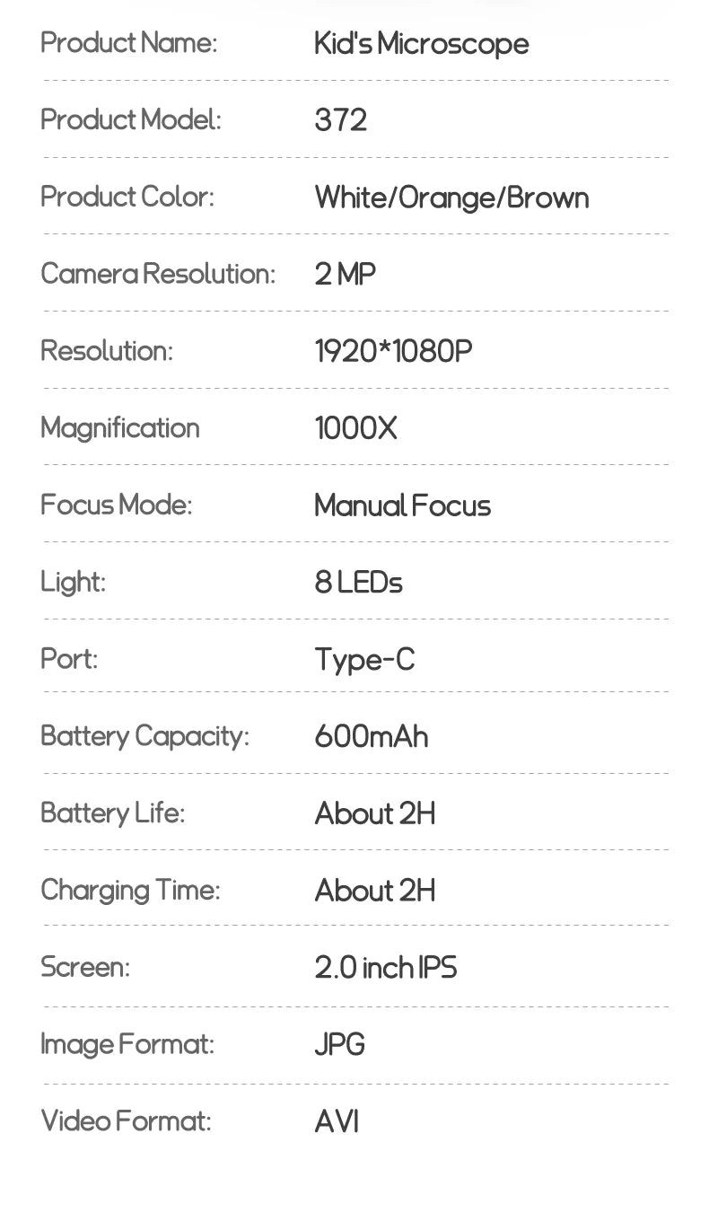Kids Portable Digital Microscope 1000X Magnification with 2 Inch IPS Screen and 8 Adjustable LED Lights
