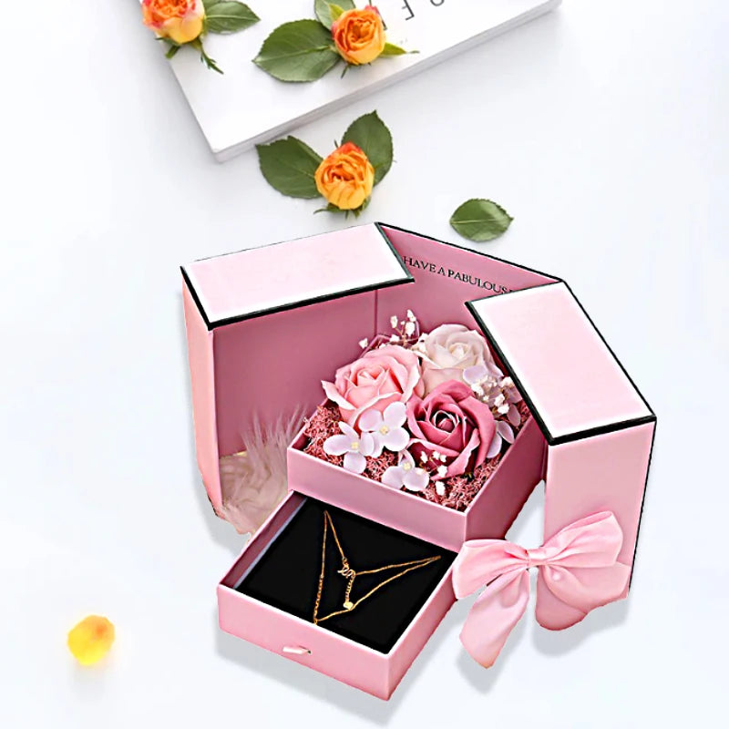 Rose Jewelry Gift Box Bow Packaging Luxury Double Door Drawer Necklace For Girlfriend Mom Simulation Flower Creative Romantic