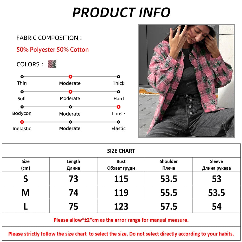 Mnealways18 Pink Checked Washed Shirts For Women Long Sleeve Street Style Plaid Blouses And Tops Oversized Ladies Lapel Loose