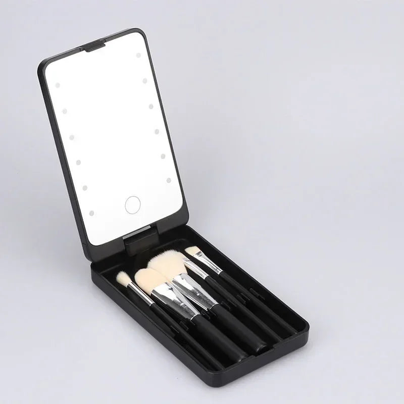 Lighted Rotatable Makeup Mirror with 5 Essential Makeup Brushes Portable Beauty Accessory for Travel