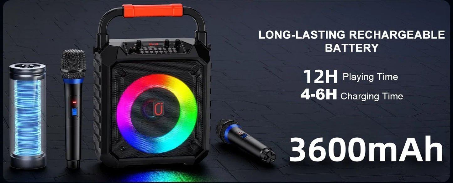 T17 Karaoke Machine with 2 Wireless Microphones Portable Bluetooth Speaker and RGB Colorful Lights