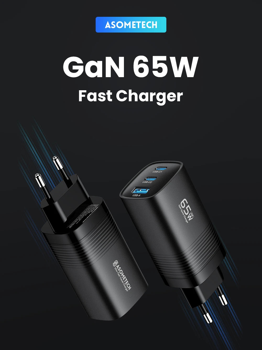 ASOMETECH 65W GaN USB Type C Charger Fast Charging for MacBook iPad iPhone 14 Samsung S23 Ultra with PPS PD QC4.0 Technology