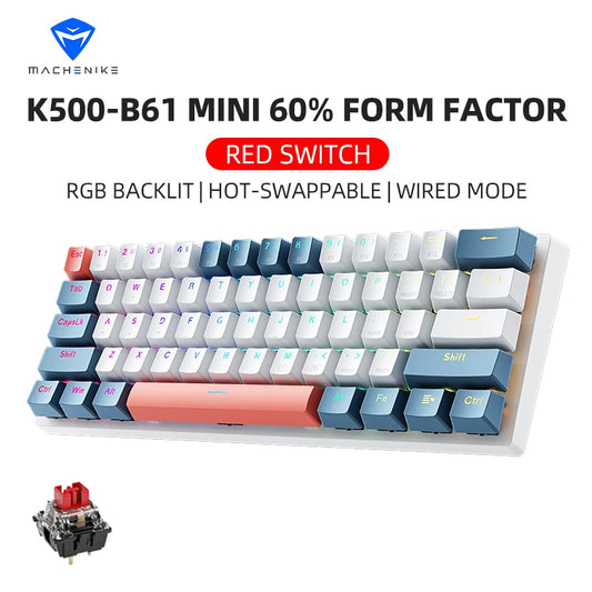 Mini teclado mecánico Machenike K500-B61, factor de forma del 60 %, 61 teclas, teclado para juegos con cable, teclas completas, retroiluminación RGB intercambiables en caliente