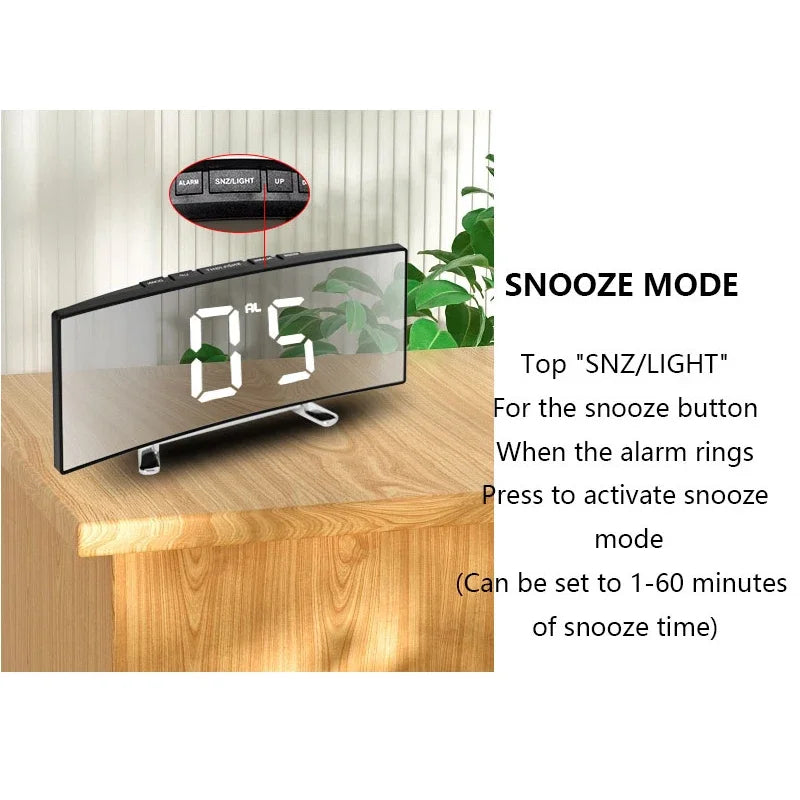 Creative Curved Electronic Clock LED Large Screen Mirror Alarm Clock for Students