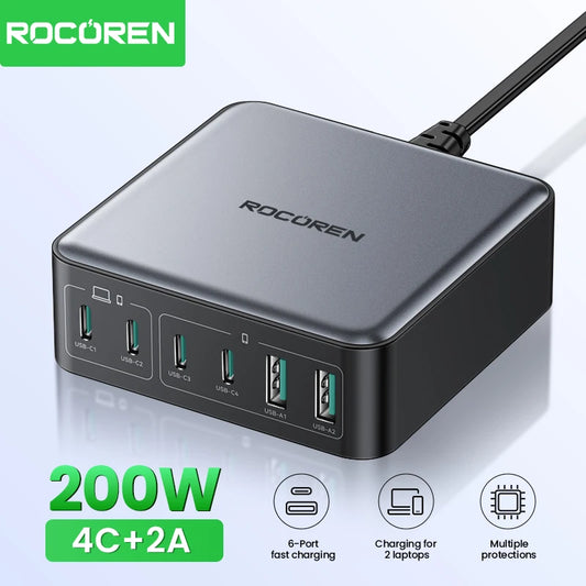 Rocoren 200W GaN Fast Charger 6 Ports USB Type C Power Station for iPhone 16 15 Pro Max Samsung