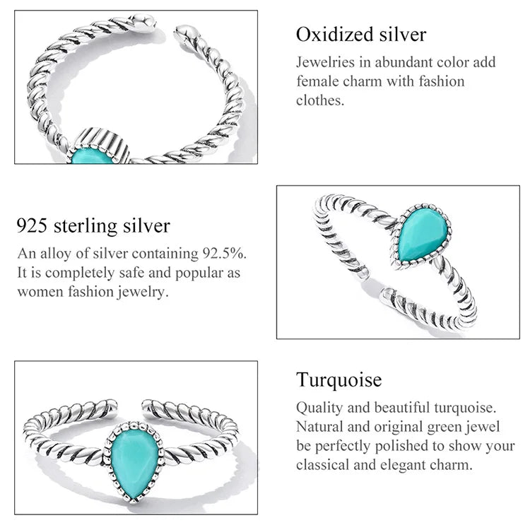 WOSTU 925 Sterling Silver Waterdrop Turquoise Open Size Ring for Women 100% Silver Twisted Ring Fine Jewelry Party Gift For Girl